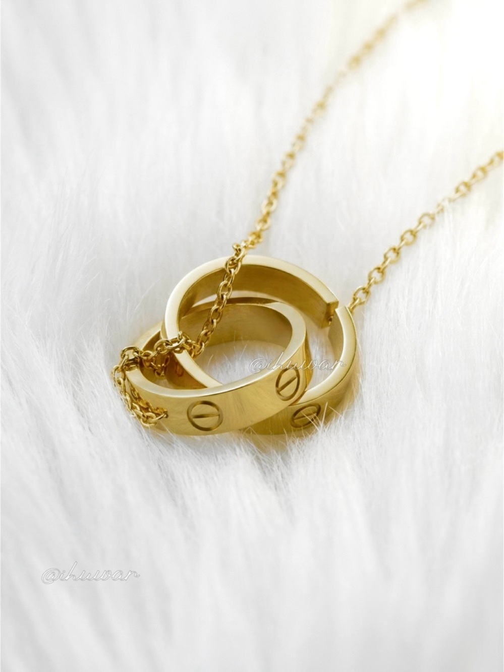 18K Gold Plated Interlocking Double Ring Necklace Screw Motif Necklace